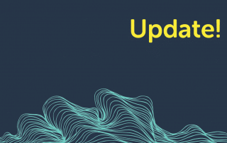 A navy background with wavy teal lines at the bottom and the word "Update!" in bright yellow text in the top right corner, highlighting an SLC power shutdown notice.