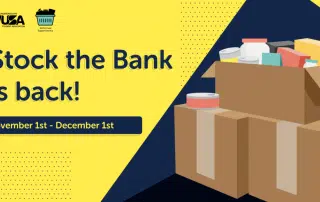 Promotional graphic for "Stock the Bank" event featuring a collection of food items in boxes. Text reads, "Stock the Bank is back! November 1st - December 1st." Presented by WUSA Student Association.