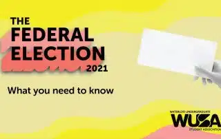 A graphic titled "The Federal Election 2021: What you need to know" features a hand holding an envelope. The Waterloo Undergraduate Student Association (WUSA) logo is in the bottom right corner, highlighting crucial platform analysis for voters.