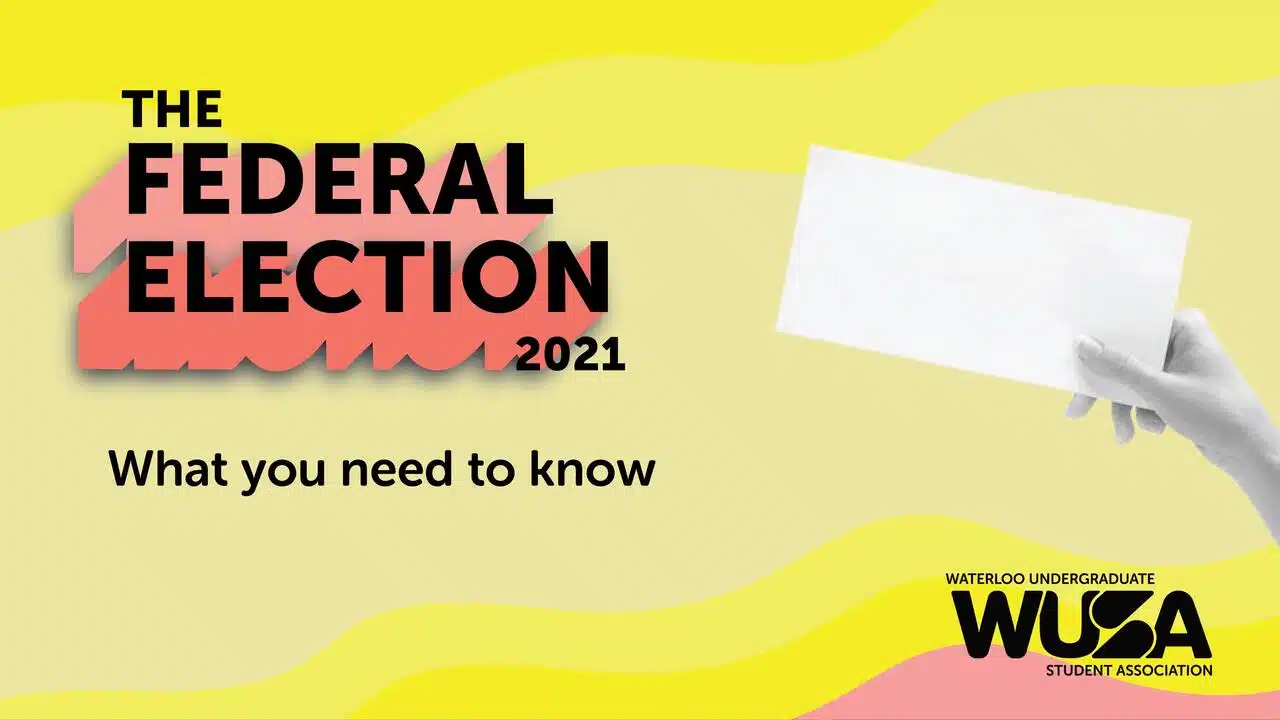 A graphic titled "The Federal Election 2021: What you need to know" features a hand holding an envelope. The Waterloo Undergraduate Student Association (WUSA) logo is in the bottom right corner, highlighting crucial platform analysis for voters.