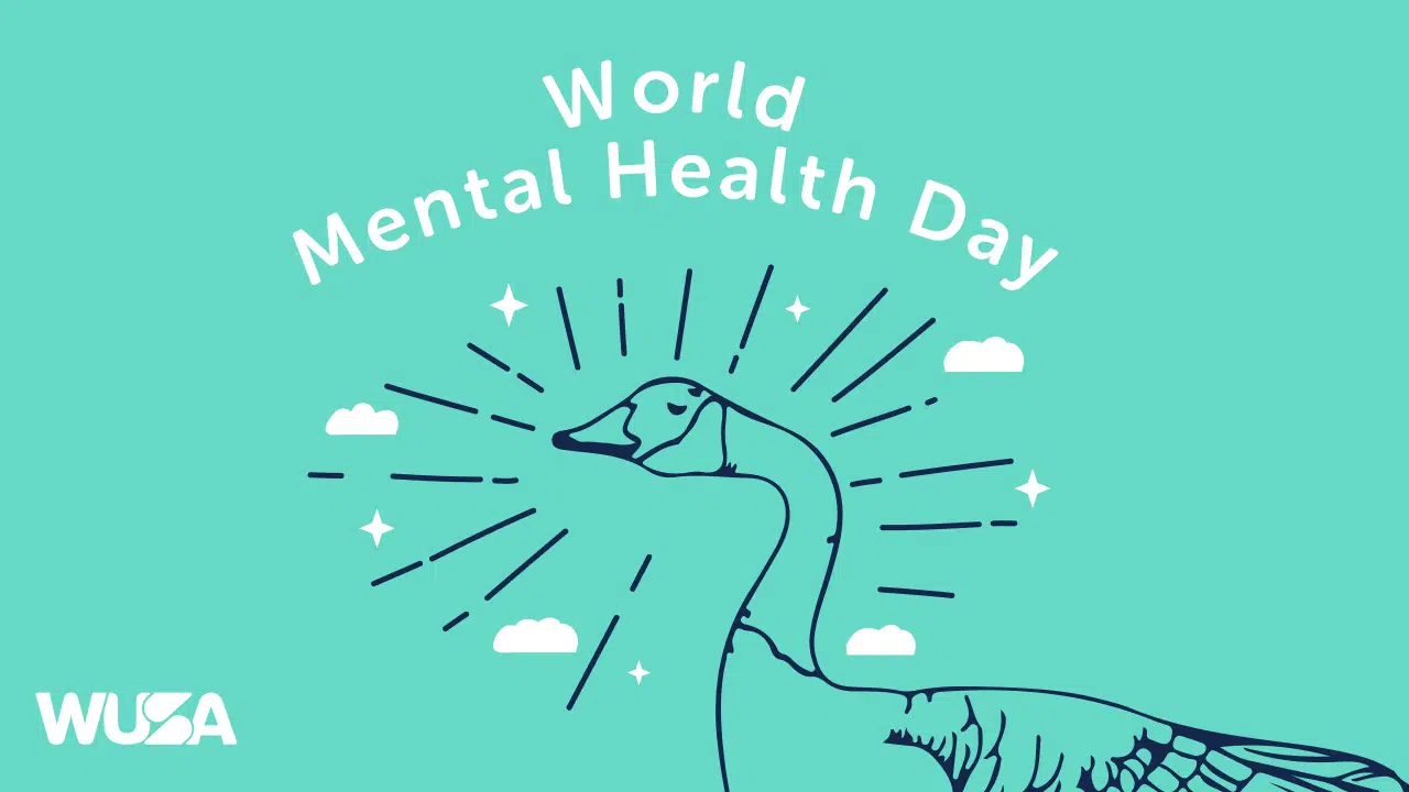 A teal illustration of a goose with rays and clouds around it, emphasizing "World Mental Health Day" and showcasing the "WUSA" logo in the bottom left corner, perfectly embodies support for mental health.