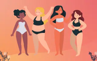 Illustration of four women with various body types wearing swimsuits. The background is a gradient of pink and orange with floral elements at the bottom corners. The women are smiling and have diverse skin tones and hairstyles, celebrating Love Your Body Week from the Women's Centre.