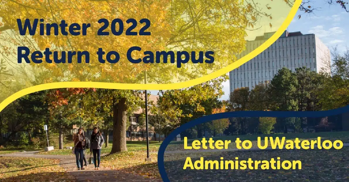 A campus scene with trees and a building in the background. Text overlay reads: "Winter 2022 Return to Campus" and "Letter to UWaterloo Administration".