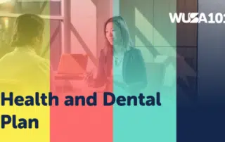 Two women are sitting and conversing in an office. The image is overlaid with colored bars and the text "WUSA101" and "WUSA Health & Dental Plan" in bold letters.