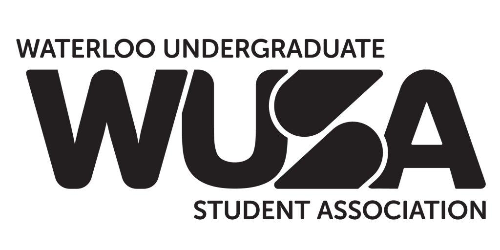 Logo of the Waterloo Undergraduate Student Association, featuring bold black text with the acronym "WUSA" in large letters. Notice of Photography may apply at events where this logo is displayed.