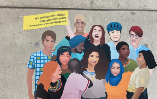 Illustration of diverse, smiling people standing together against a grey wall, holding a yellow sign that reads, "IMUCS provides you services and support to reach your academic goals and make the most of your university experience. Visit the Student Life Center for updates on all activities.