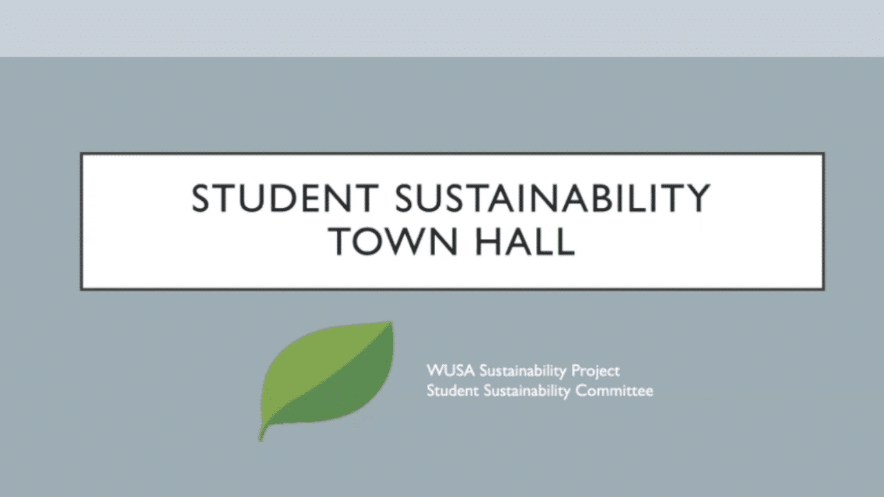 Image with a grey-blue background and a centered white box containing the text “STUDENT SUSTAINABILITY TOWN HALL.” Below the box, a green leaf graphic is accompanied by the text “WUSA Sustainability Project Student Sustainability Committee (WSP). A slide titled "Student Sustainability Town Hall" features a leaf icon with text below reading "WUSA Sustainability Project (WSP) Student Sustainability Committee.