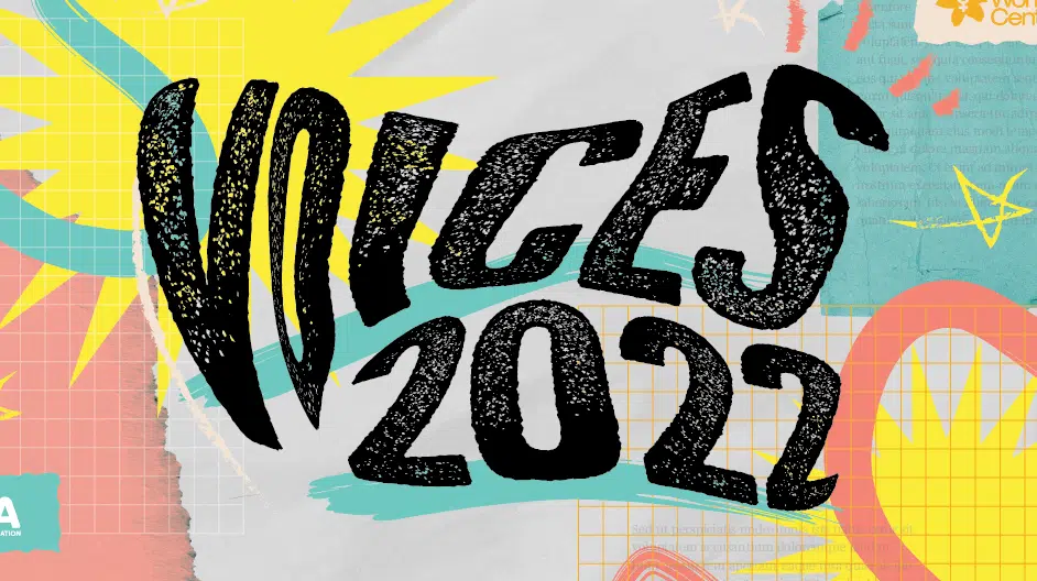 Graphic with bold, stylized text reading "VOICES 2022" on a colorful, abstract background featuring stars, grids, and various shapes. This year's design celebrates the Women's Centre's Annual Publication in vivid and dynamic style.