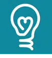 A white outline of a lightbulb with a heart shape in the filament area on a teal background.