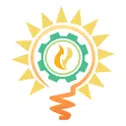 A graphic with a sunburst surrounding a green gear, inside which is an orange and yellow flame. A stylized orange spiral extends downward from the flame.