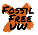 Text "Fossil Free UW" written in black over an orange brushstroke X.