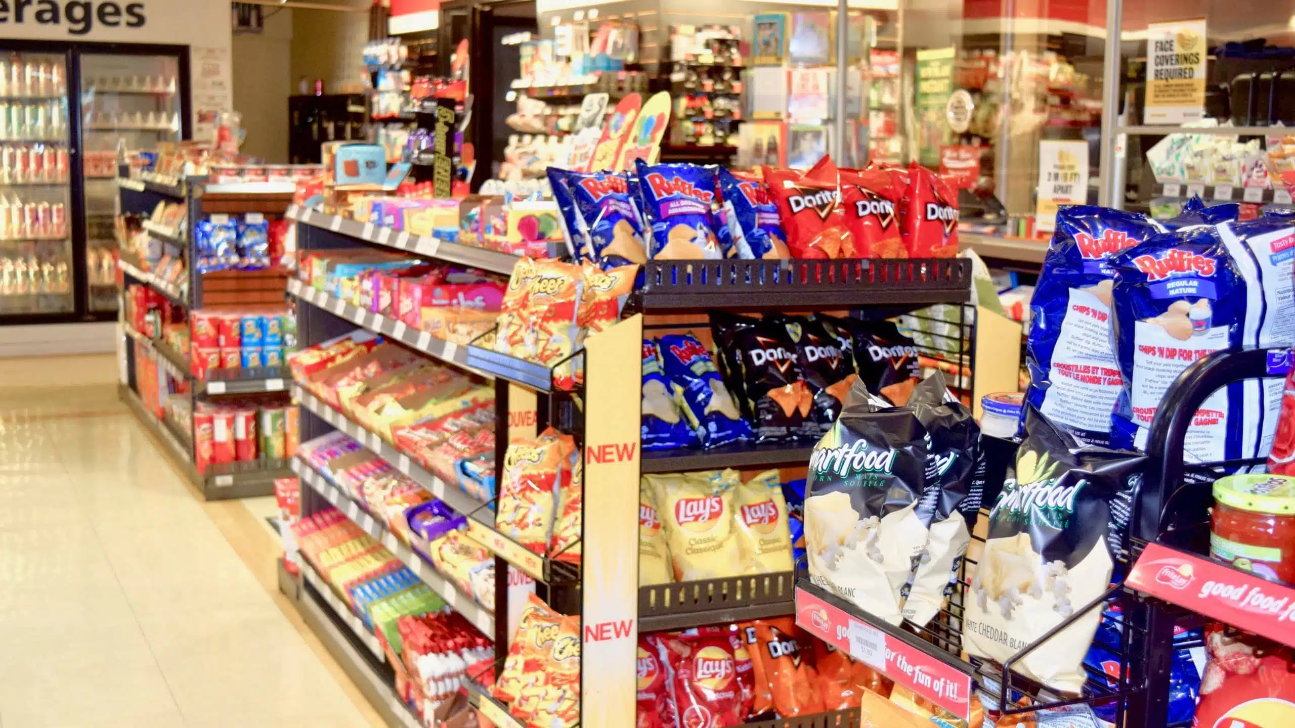 Aisles of chips, snacks, and beverages at Flock Stop, Student Life Centre