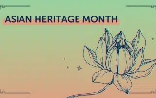 Illustration of a lotus flower with the text "Asian Heritage Month" and "20th Anniversary" on a gradient background.