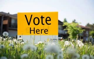 A yellow sign with "Vote Here" written in black is placed in a grassy area with dandelions, indicating a polling station.