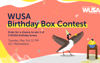 goose with party hat and cupcake text: WUSA Birthday Box Contest