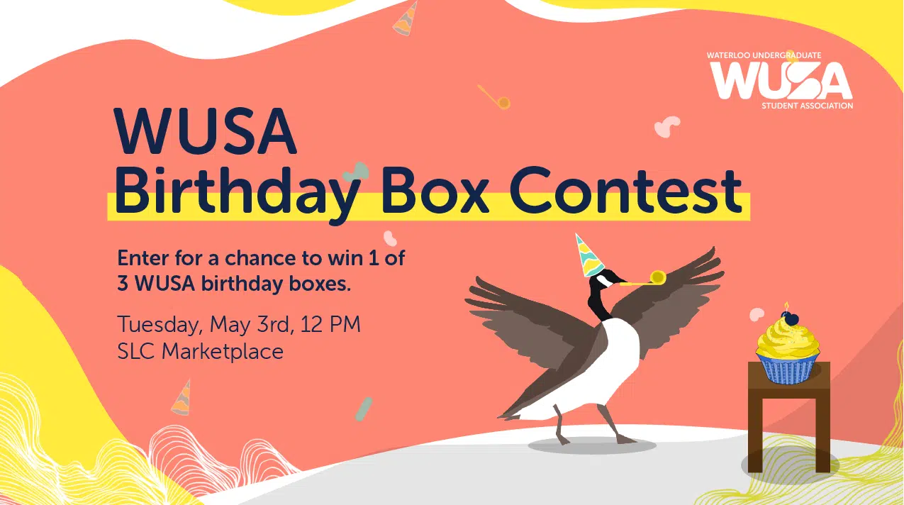 goose with party hat and cupcake text: WUSA Birthday Box Contest