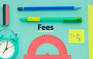 An eraser, blue pen, green pen, sticky note with a formula, alarm clock, semicircle protractor, and triangular ruler are arranged around the word "Fees Updates" on a light teal background.