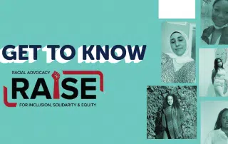 Get to Know" poster for RAISE (Racial Advocacy for Inclusion, Solidarity & Equity) featuring photos of five individuals on a teal background, presented in collaboration with WUSA 101.