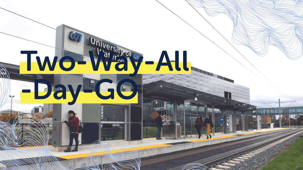 An outdoor train station bustling with students on the platform. Text overlay states “Two-Way-All-Day-GO Train Service.” The modern station building displays a sign reading “University of Waterloo.” Train tracks run alongside abstract blue wave patterns at the image’s edges, showcasing the benefits for all travelers. Shot of a train station platform with a modern building in the background. The text "Two-Way-All-Day-GO" is prominently displayed. Passengers, including students who benefit from the reliable GO Train Service, are waiting on the platform, and rail tracks are visible.