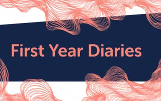 A navy blue rectangle displays the text "First Year Diaries" in a striking coral hue, encircled by abstract wavy coral designs, all set against a pristine white background.