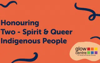 Text reads "Honouring Two-Spirit & Queer Indigenous People" on an orange background with abstract blue lines. The logo in the bottom right corner states "glow centre For Sexual and Gender Diversity.