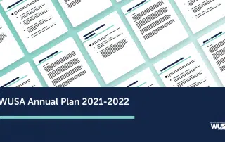 The image displays a series of overlapping documents under the title "WUSA Annual Plan 2021-2022," prominently featuring the WUSA logo in the bottom right corner.