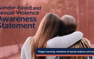 Two people with long hair stand with their backs to the camera, one arm wrapped around each other, adjacent text reads, "Gender-Based Violence and Sexual Violence Awareness Statement," accompanied by a trigger warning.