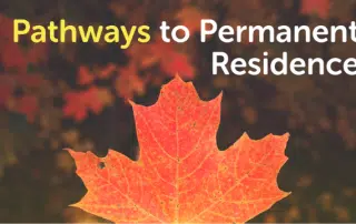 The image shows a red maple leaf with the text "Pathways to Permanent Residence" set against a blurred background, highlighting opportunities for international students.