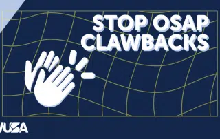 Graphic with text "Stop OSAP Clawbacks" and an icon of two hands clapping on a blue background with a yellow grid design. WUSA logo is in the bottom left corner. Part of the OUSA Fall Campaign urging the Ontario Government to address student financial concerns.