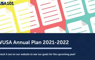 A graphic with documents and the text "WUSA Annual Plan 2021-2022. Check it out on our website to see our high priorities for the upcoming year!