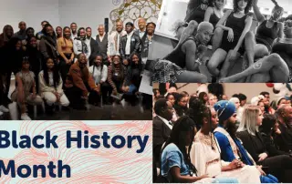 Collage of three photos: group of people posing; dancers posing on stage; audience at an event. Text at bottom reads, "Black Excellence – Black History Month" at the University of Waterloo.