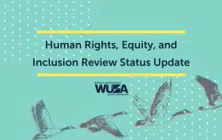 Equity, Human Rights, and Inclusion Review Status Update" text on a light teal background with flying birds and the Waterloo Undergraduate Student Association logo.