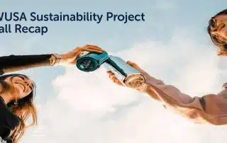 Two individuals exchanging reusable water bottles against a sky backdrop. Text reads, "WUSA Sustainability Project Fall Recap." This highlights the project's commitment to sustainability throughout the season.