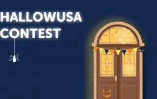 Illustration of a double door adorned with Halloween decorations, including cobwebs, a pumpkin face, and a banner. Text on the left reads "HalloWUSA Contest" with a hanging spider graphic.