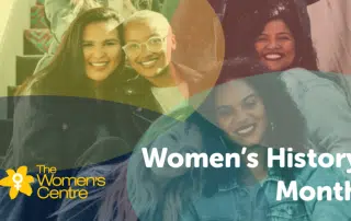 A diverse group of smiling individuals seated together with text overlay saying "The Women's Centre" and "Celebrating Women.