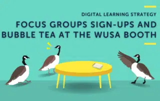 Three geese are gathered around a yellow table with a sign-up sheet at the WUSA Booth, promoting focus groups and bubble tea. The background displays "Digital Learning Strategy.