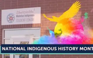 Entrance to the Waterloo Indigenous Student Centre adorned with a vibrant mural, highlighting "National Indigenous History Month" in eye-catching text.