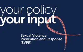 Your policy, your input. UWaterloo's Sexual Violence Prevention and Response (SVPR) text on a blue background with an abstract ribbon.