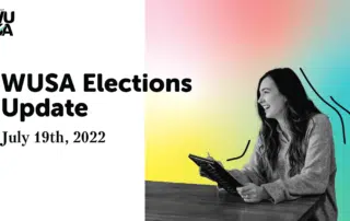 A promotional graphic for the WUSA Elections Candidate Reveal dated July 19th, 2022. It features a black and white photo of a person sitting at a table, smiling, and holding a tablet. The background is a gradient mix of yellow, pink, and blue. The WUSA logo is in the top left corner.