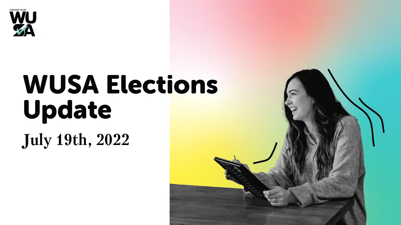 A promotional graphic for the WUSA Elections Candidate Reveal dated July 19th, 2022. It features a black and white photo of a person sitting at a table, smiling, and holding a tablet. The background is a gradient mix of yellow, pink, and blue. The WUSA logo is in the top left corner.