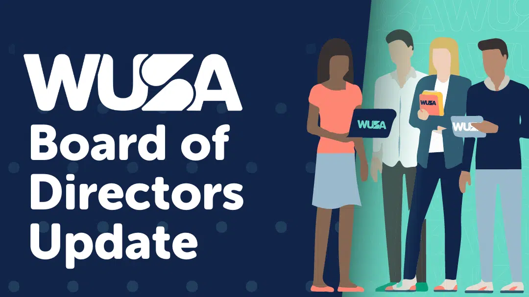 An illustrated image shows four diverse individuals in business attire standing next to the text "WUSA Board Update." Two individuals are holding tablets displaying the WUSA logo. The background features a gradient design in teal and dark blue.