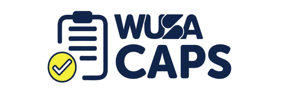 Logo for WUSA CAPS featuring a navy blue clipboard icon with a yellow checkmark in a blue circle on the bottom left and the text "WUSA CAPS" to the right in large blue letters.