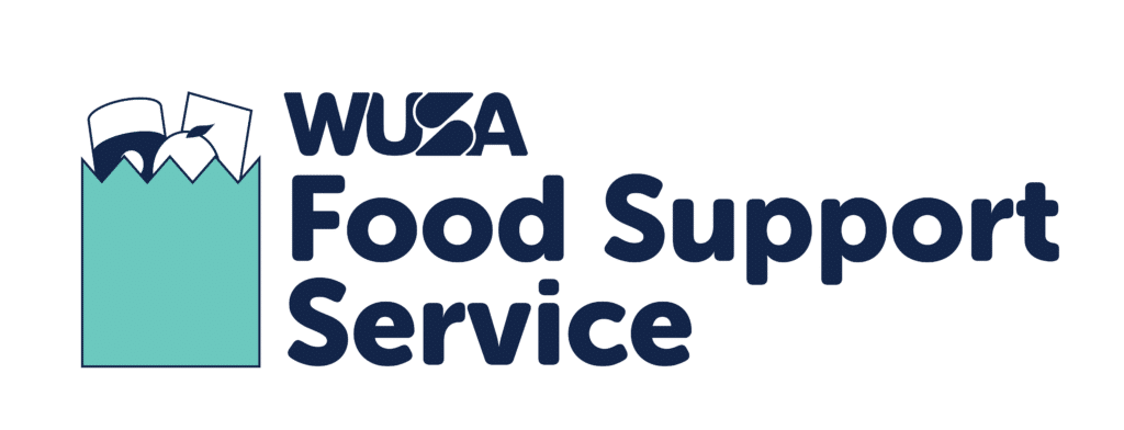 A logo with a teal grocery bag containing milk and an apple on the left, next to the text “WUSA Food Support Service” in dark blue. A logo with a teal grocery bag containing milk and an apple on the left, next to the text "WUSA Food Support Service" in dark blue.