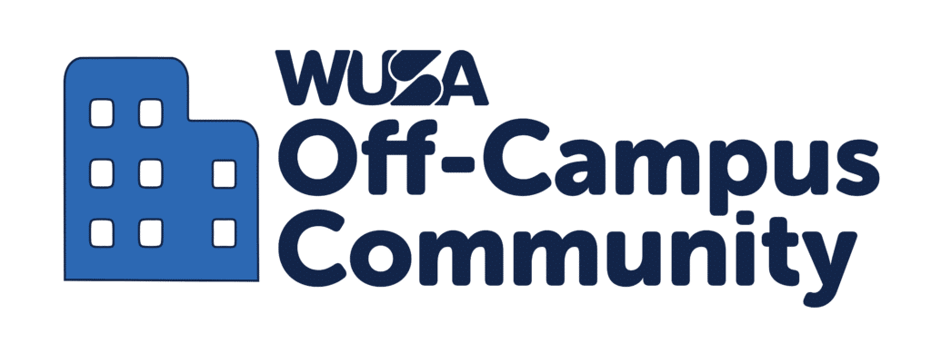 Logo of “WUSA Off-Campus Community” showing a blue stylized building with three rows of windows on the left and the text “WUSA Off-Campus Community” on the right. The letters “WUSA” are positioned above the phrase “Off-Campus Community”. Logo of "WUSA Off-Campus Community" showing a blue stylized building with three rows of windows on the left and the text "WUSA Off-Campus Community" on the right. The letters "WUSA" are positioned above the phrase "Off-Campus Community".