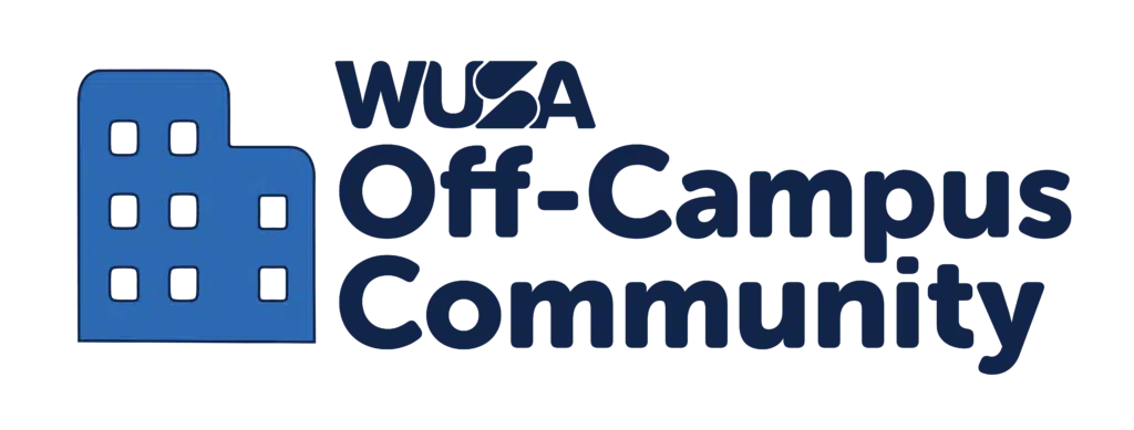 Logo of "WUSA Off-Campus Community" showing a blue stylized building with three rows of windows on the left and the text "WUSA Off-Campus Community" on the right. The letters "WUSA" are positioned above the phrase "Off-Campus Community".