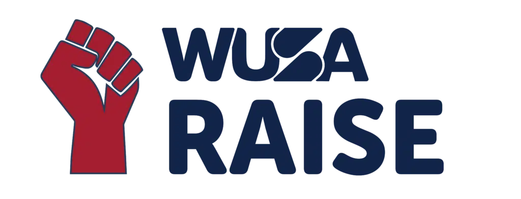 Logo featuring a stylized clenched fist in red on the left and the words "WUSA RAISE" in bold, dark blue text to the right. The design incorporates a modern, powerful theme with a sense of solidarity and empowerment.