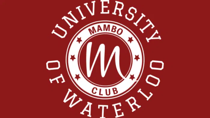 A maroon logo with white text. In the center, a stylized "M" is enclosed in a circle with the text "Mambo Club." Surrounding the circle are the words "University of Waterloo" in a circular arrangement. White stars line the outer part of the circle.