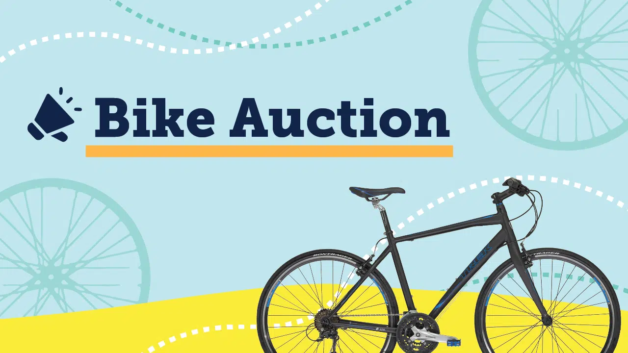 Illustration of a bike auction advertisement featuring a black bicycle and text that reads "Bike Auction." The background includes outlined and partially visible bicycle wheels with a light blue and yellow color scheme, and a megaphone icon next to the text.