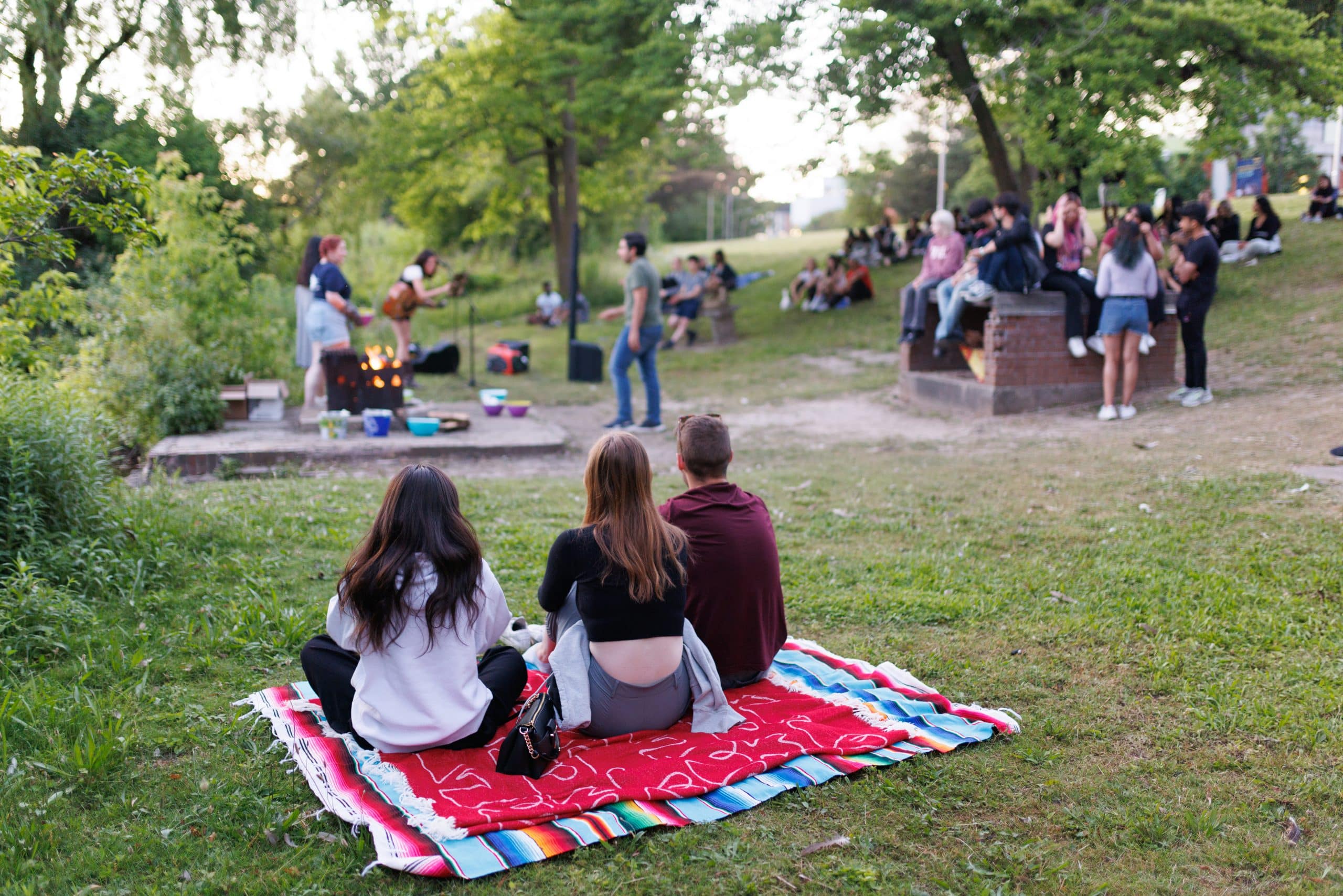 A group of people gathers outdoors in a park. In the foreground, three individuals sit on a red blanket with a multicolored pattern. In the background, people socialize near a picnic table and a musician with a guitar performs. Hosted by Catherine's Events, trees and greenery surround the area.