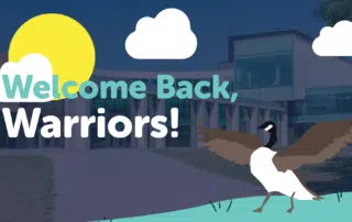 Illustration of a modern building under a bright sun and blue sky with a few clouds. In the foreground, a goose stands with its wings spread wide. The text reads "Welcome Back, Waterloo Warriors!" in large letters.